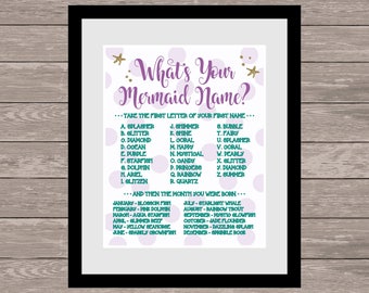 What's Your Mermaid Name Printable, Purple and Aqua Sign, DOWNLOAD, Mermaid Birthday Party, Party Game, Instant Digital Download