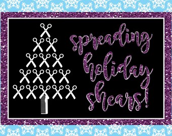 Purple Glitter Spreading Holiday Shears - Hair Stylist Customer Appreciation - Hair Stylist Christmas - Cosmetologist Flat Christmas Cards