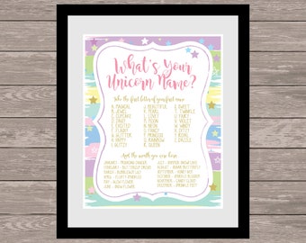 What's Your Unicorn Name Printable, Pastel Sign, DOWNLOAD, Unicorn Birthday Party, Party Game, Instant Digital Download