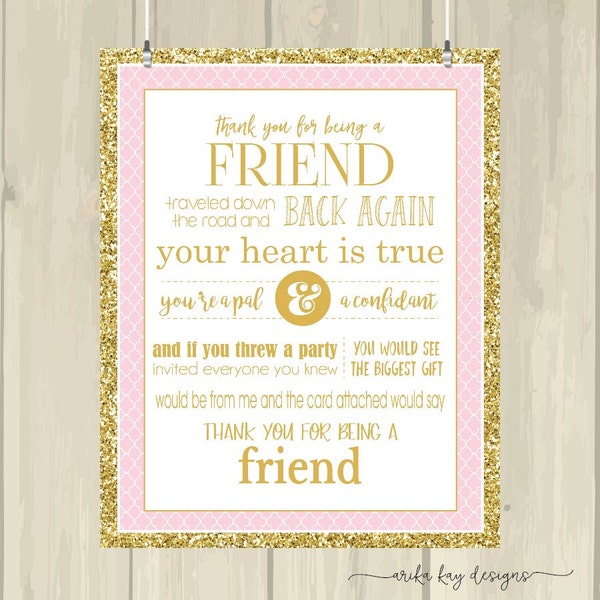 Printable Quote, Thank You, Friendship, Gift, Gold Glitter, Light Pink, Digital Download, DIY, Print at Home