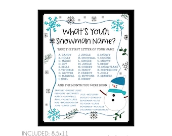What's Your Snowman Name Printable, DOWNLOAD, Christmas Holiday Party Activity, Party Game, Instant Digital Download