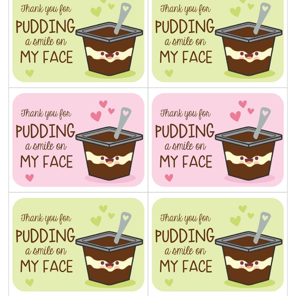 Danke für Pudding Ein Lächeln auf meinem Gesicht Wortspiel Valentinstag Tags, Sofort Download, druckbar, Rosa, Grün - Valentinstag Geschenkanhänger - DIY