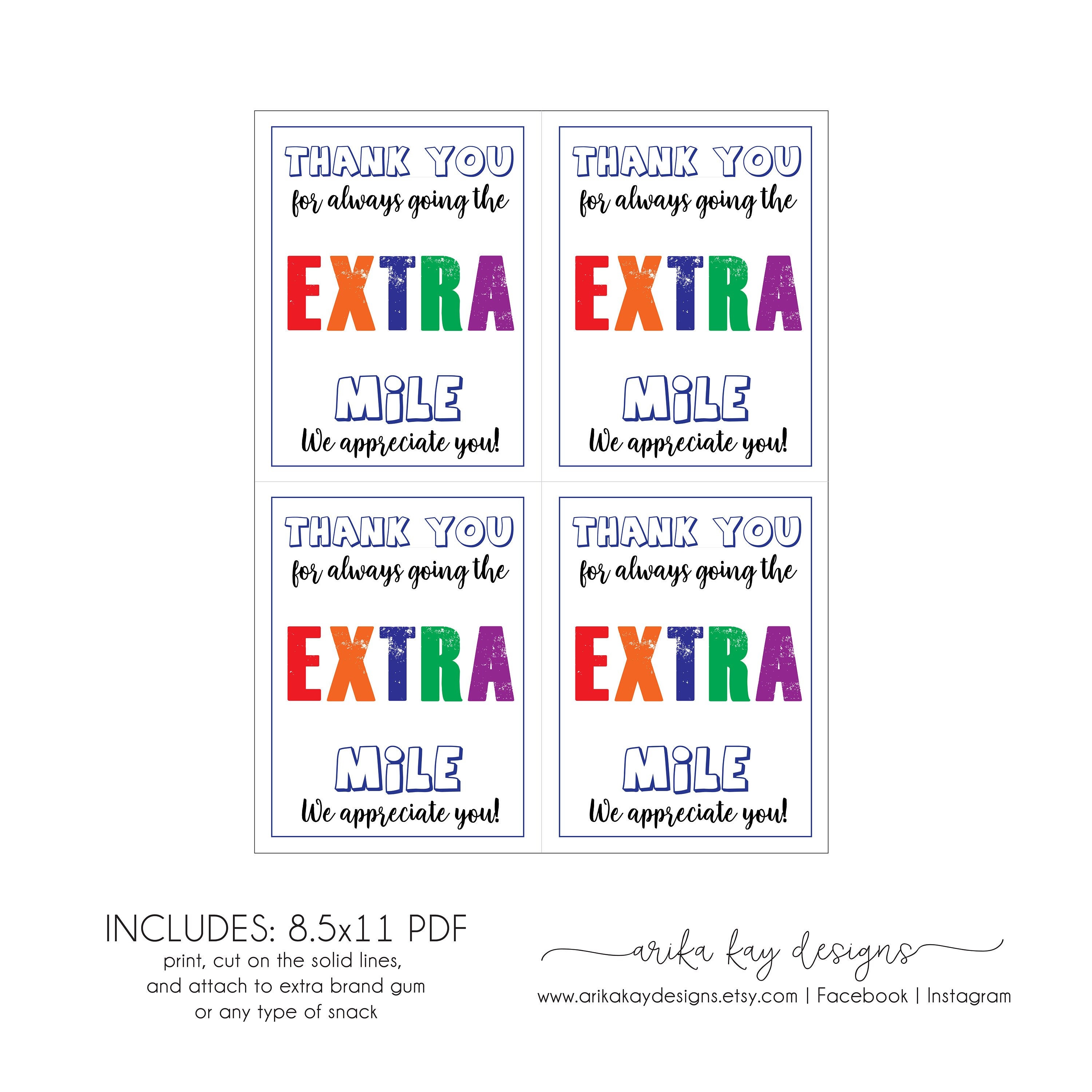 Snack Gift Tag, DIY, Thanks for Going the Extra Mile Appreciation Tag, Nurse, Teacher, Printable