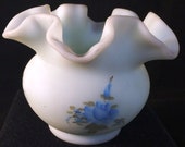 Fenton Glass blue mist hp Rose Bowl with roses