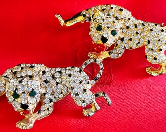 Pair of Rhinestone Tiger brooch pins party decor