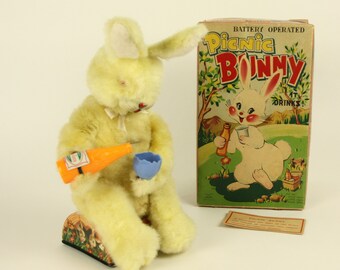 Alps Battery Operated Picnic Bunny Vintage Mechanical Toy With Box