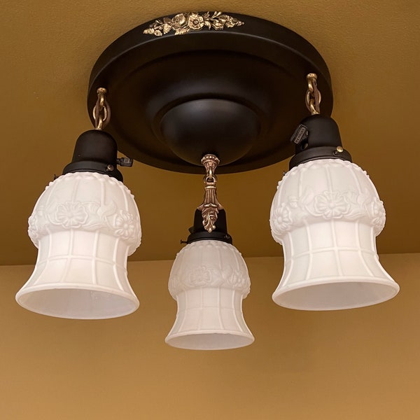Vintage Light 1920s pan surface mounted ceiling fixture. Glass FLOWER shades.