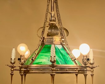Vintage Lighting 1905 gas electric ARTS CRAFTS slag glass chandelier