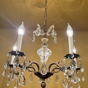 Vintage Lighting 1960s Hollywood Regency brass crystal chandelier
