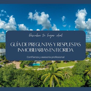 May include: A scenic image of a Florida neighborhood under a bright blue sky with fluffy white clouds. A dark blue banner displays text: "GUÍA DE PREGUNTAS Y RESPUESTAS INMOBILIARIAS EN FLORIDA". The banner also includes the phrases "Descubre tu hogar ideal" and "Confianza y asesoría profesional".
