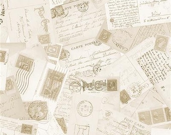 May include: A collage of vintage postcards and stamps in shades of cream and sepia. The postcards feature handwritten script, postal markings, and decorative stamps. The overall design evokes a sense of nostalgia and historical correspondence.