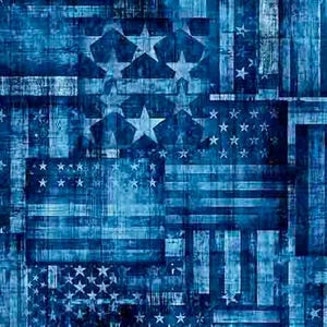 May include: Abstract blue and white American flag design. The image features a distressed, textured pattern with stars and stripes, creating a vintage or rustic aesthetic. The color palette is primarily shades of blue and white.