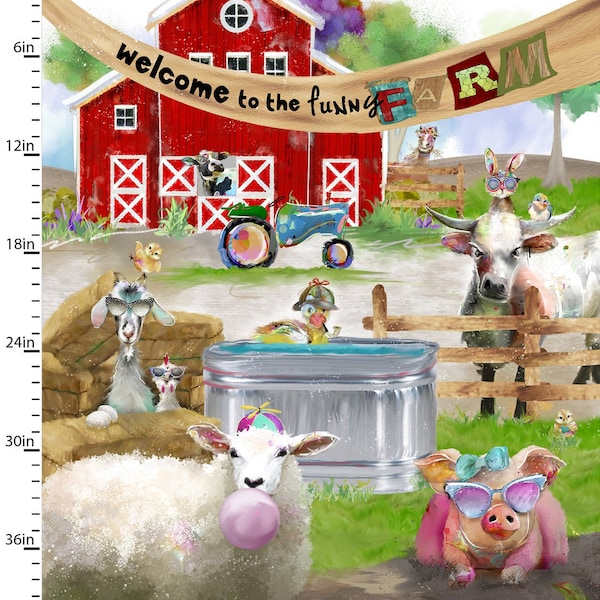 3 Wishes Fabric Gorgeous,Welcome to the Funny Farm Digital Print Panel   by Connie Haley