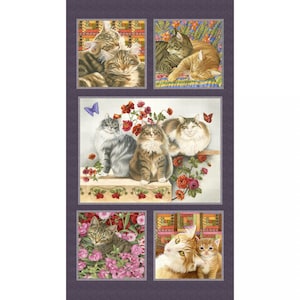 May include: A fabric panel featuring five square images of cats. The cats are depicted in various poses, including cuddling and lounging. The images are set against a purple background and include floral and patterned elements.