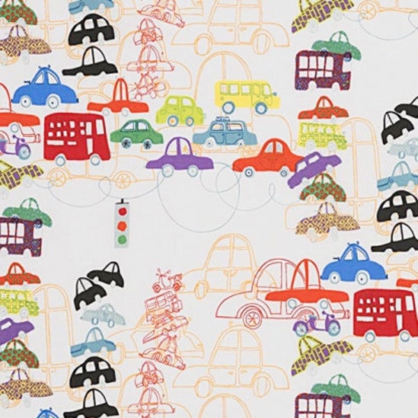 Alexander Henry Fabrics called  Traffic Jam cotton with a white background and multi color whimsical cars   BTY