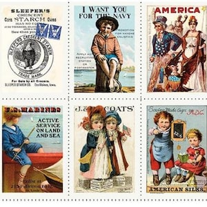 May include: A sheet of vintage postage stamps featuring patriotic and historical imagery. The stamps depict children with flags, military recruitment, historical figures, and advertisements. The color palette includes red, white, blue, and sepia tones.