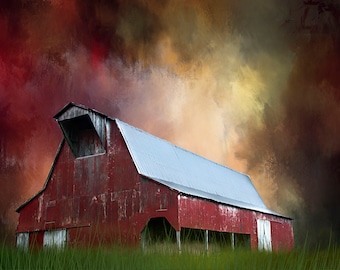 May include: A weathered red barn with a silver roof stands in a field of green grass. The barn's wooden structure shows signs of age, with peeling paint. The sky above is a blend of red, yellow, and brown hues, creating a dramatic backdrop.