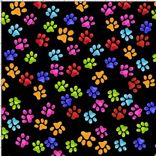 Loralie Designs Paws Prints with a  Black Background BTY
