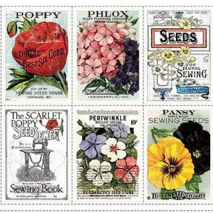 May include: A collage of vintage seed packet designs featuring floral illustrations and text. The packets showcase various flowers like poppies, pansies, and sweet peas, with text such as "Sewing Seeds" and "Seed Catalog". The color palette includes reds, yellows, and blues.