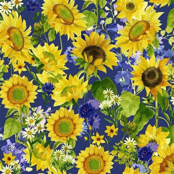 Clothworks Sunny Fields Mixed Floral with a Dark Blue Background    BTY