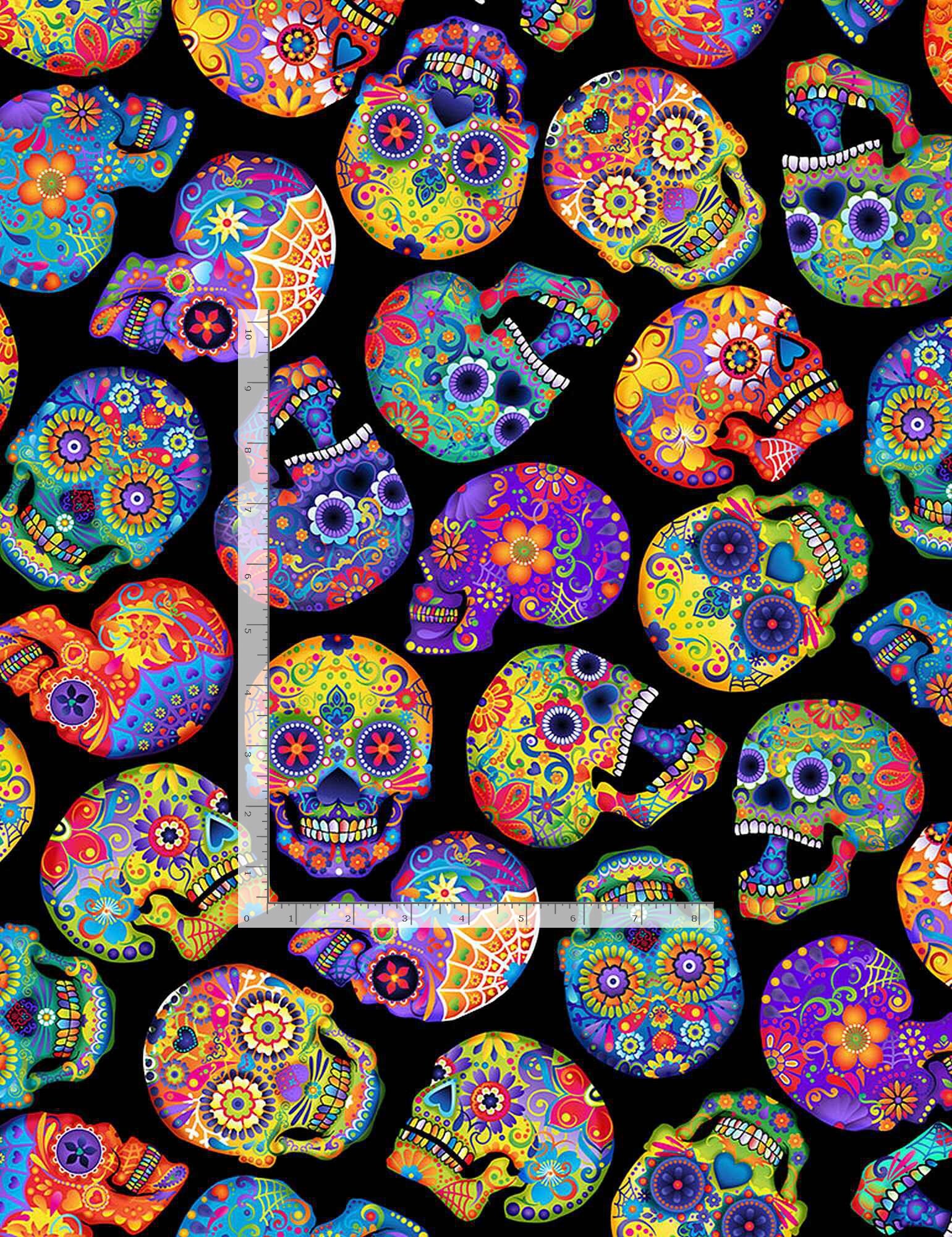 Timeless Treasures Colorful Day of the DEAD SKULLS Fun C1209 Black BTY ...