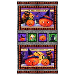 May include: Halloween-themed fabric panel featuring orange pumpkins with witch hats, black cats, and the text "Happy Halloween." The design includes a purple night sky, a full moon, and smaller square images.