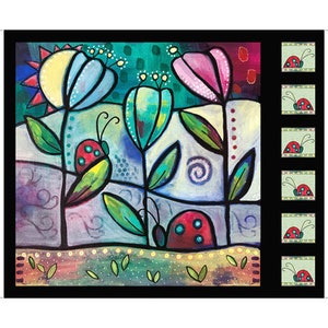 May include: Colorful floral artwork featuring stylized flowers in yellow, blue, and pink, with green leaves and ladybugs. The painting has a whimsical style with a black border and a row of ladybug designs.