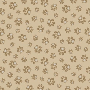May include: A repeating pattern of brown paw prints on a light tan background. The design features various sizes of animal paw prints scattered across the surface, each with a darker brown outline and a lighter tan center for a subtle effect.