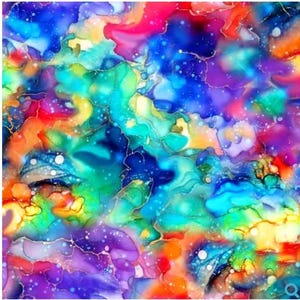 May include: Abstract artwork with a vibrant mix of colors including blue, green, red, orange, and purple. The design features flowing, marbled patterns with gold accents and white speckles, creating a dynamic and colorful visual.