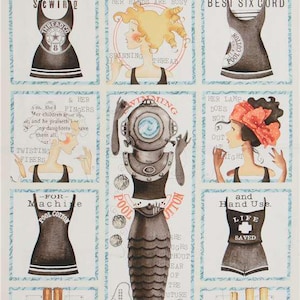 May include: A collage featuring illustrations with text. The central image is a mermaid with a diving helmet. Other images include a crab, sewing patterns, and women. Text includes "She sews sea shells" and "Pool Cotton".