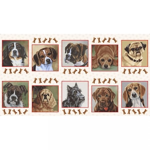 May include: A rectangular pattern featuring portraits of various dog breeds, including a Bernese Mountain Dog, Beagle, Boxer, Cocker Spaniel, Scottish Terrier, and Labrador. Each portrait is framed in red, with bone-shaped accents.