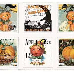 May include: A sheet of vintage Halloween-themed stamps. The stamps feature illustrations of pumpkins, a black cat, and text such as "Trick Treat", "Moonlight Barn Dance", and "Apple Cider". The stamps are from Sonny's Selected Seeds Co.
