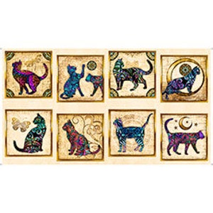 May include: A fabric panel featuring eight square images of stylized cats in various poses. Each cat is intricately patterned with vibrant colors like purple, blue, and green, set against a beige background with a decorative border. The overall theme is whimsical and artistic.