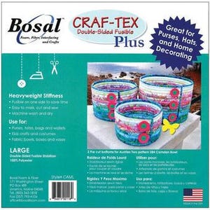 May include: Bosal Craf-Tex Double-Sided Fusible Plus, a heavyweight stabilizer for crafts. The image shows three colorful fabric bowls with button closures. The product is great for purses, hats, and home decorating. The product is large and made of 100% polyester.