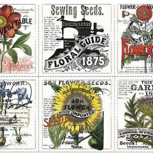 May include: A collage of vintage seed packet illustrations. The packets feature botanical drawings of flowers and vegetables, with text including "Seeds," "Flower," and "Garden." The style is reminiscent of antique advertisements.