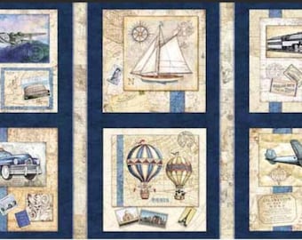 Quilting Treasures Wanderlust Panel of Various forms of Transportation  sold by the panel