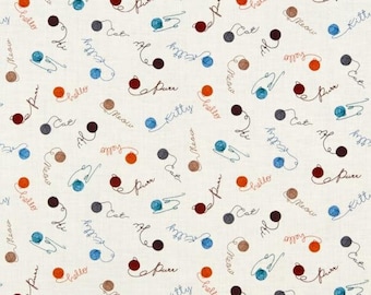 May include: Off-white fabric with a repeating pattern of yarn balls in brown, blue, and orange, along with the words "Purr", "Meow", "Hello", "Kitty", and "Cat" in a handwritten style. The fabric is suitable for crafts.