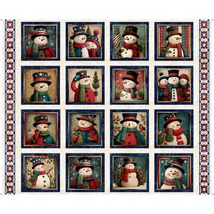 May include: A fabric panel featuring a grid of sixteen square illustrations of snowmen wearing top hats and scarves in red, white, and blue. The snowmen are decorated with stars, stripes, and holly. The panel has a vertical border of star patterns.