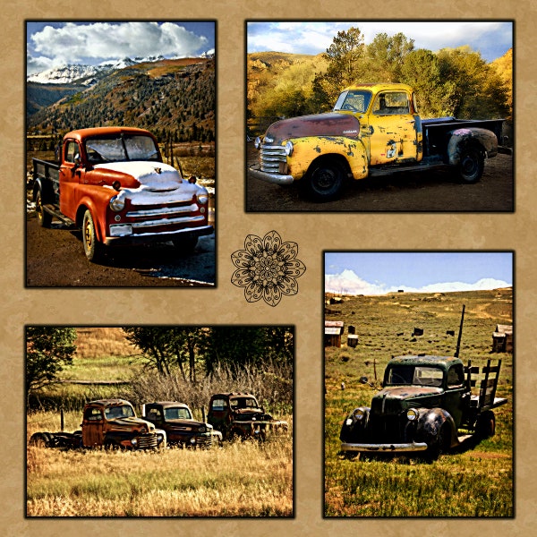 FOUR VINTAGE TRUCKS Quilt Panel various models and Actual Photography taken and Digitally Printed