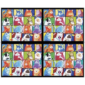 May include: A fabric panel featuring a repeating pattern of colorful cat portraits. Each cat is depicted in a square, with a variety of colors and expressions. The cats are in shades of orange, blue, white, and purple.