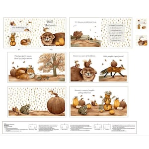 May include: A fabric panel featuring autumn-themed illustrations. The panel includes images of a dog, fox, squirrel, raccoon, and pumpkins. Text includes "Hello Autumn" and other seasonal phrases. The color palette is warm, with browns, oranges, and yellows.