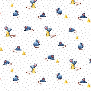 May include: A repeating pattern of blue mice with pink ears and red tails, interspersed with yellow cheese wedges, on a white background with gray polka dots. The mice are in various poses, some with cheese.