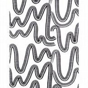 May include: A white textile with a repeating pattern of black, wavy lines. The lines vary in thickness and create a textured appearance. The design is simple and graphic, suitable for various applications.