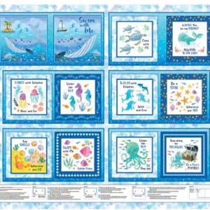 May include: A fabric panel featuring eight square designs with an ocean theme. Each square has a blue border and depicts marine life such as whales, turtles, seahorses, dolphins, and an octopus. Text includes phrases like "Swim with Me" and "Under the Sea."
