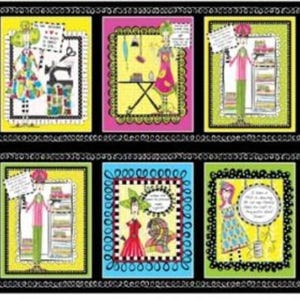 May include: A fabric panel featuring colorful, whimsical illustrations of fashion design elements. Each square showcases a different scene with dresses, sewing machines, and stylish figures, framed with decorative borders. The overall theme is fashion and crafting.