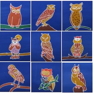 Indonesian Batik MINI BATIK PACKET of Owl Packet 6&quot; x 6&quot; 9 Pieces