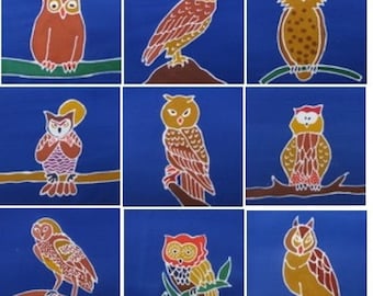 Indonesian Batik MINI BATIK PACKET of Owl Packet 6" x 6" 9 Pieces