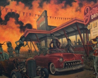 Alexander Henry Fabrics Nicole&#39;s Prints Zombie Drive-In Apocalypse  BTY
