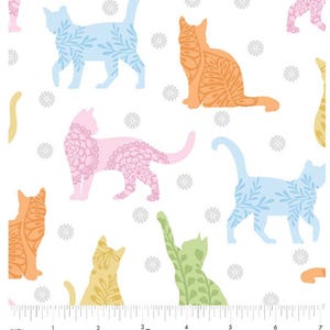 May include: White fabric with a repeating pattern of colorful cat silhouettes. The cats are in shades of blue, orange, pink, green, and yellow, with floral designs inside. Small gray flower shapes are scattered across the background.