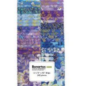 May include: A stack of fabric strips featuring various floral and abstract patterns in shades of blue, purple, and white. The label reads Benartex Metallic Impressions, 2-1/2 inch by 42 inch strips, 40 pieces. The fabric edges are pinked for texture.